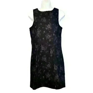 A FORTIORI Womans BLACK FITTED Dress FLORAL ASIAN Print STRETCH Zip Back size Lg